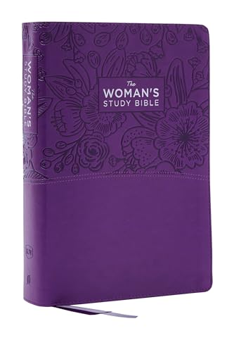 Purple leathersoft Bible with floral design and title "The Woman's Study Bible".