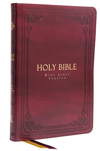Burgundy leather-bound Bible with gold embossed frame and “HOLY BIBLE” text.