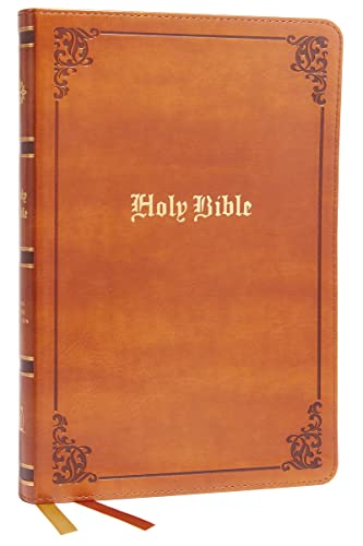 Tan leathersoft Holy Bible with gold lettering and decorative corner embossing.