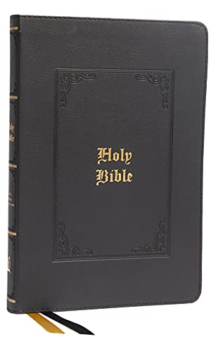 Black leather-bound Holy Bible with gold embossed lettering and decorative border on the cover.