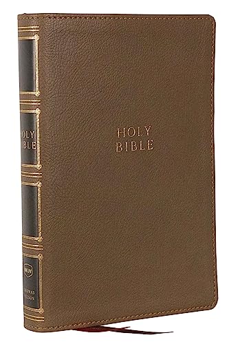 Brown leather-look Bible with gold lettering and a red ribbon bookmark.