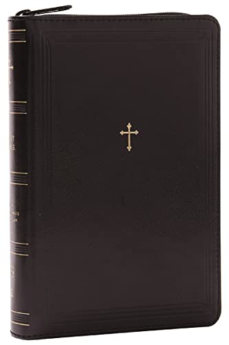 Black leathersoft Bible with a gold cross and zipper closure.