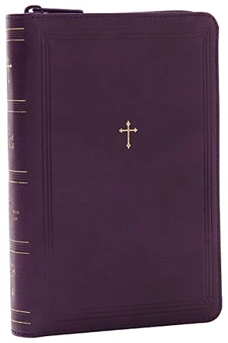Purple leathersoft Bible with gold edges, a cross, and zipper closure.