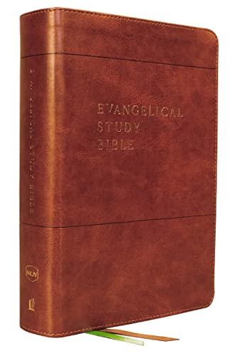 Brown leathersoft NKJV Evangelical Study Bible with gold lettering on a white background.