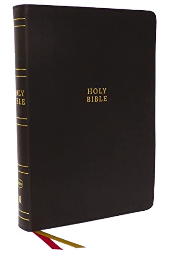 Brown leather Bible with gold edges and ribbon bookmark visible.