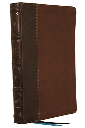 Brown leather-bound Bible with gold embossed details and a ribbon bookmark.