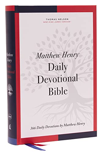Red hardcover Bible with “Matthew Henry Daily Devotional” title and tree design.