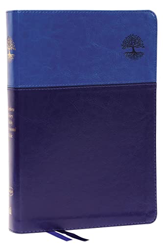 Blue and navy leathersoft Bible with gold tree emblem and red ribbon.
