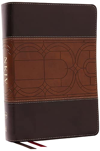 Brown leathersoft Bible with decorative embossed center panel and ribbon marker.