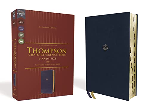 Navy blue leather-look Bible with red lettering and thumb indexing shown open and closed.
