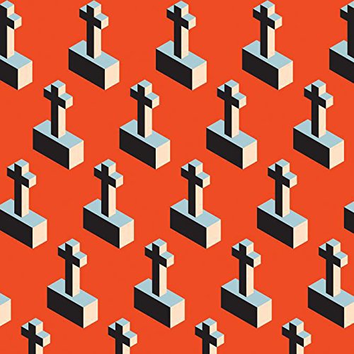 Red background with repeating isometric silver crosses, album cover art.