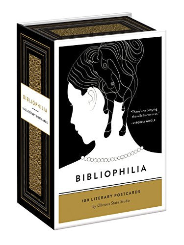 A box set of Bibliophilia literary postcards featuring a black and white illustration.