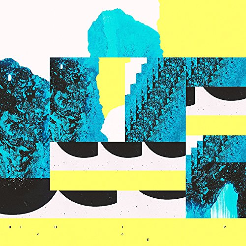 Abstract album cover with blue, yellow, and black geometric shapes.