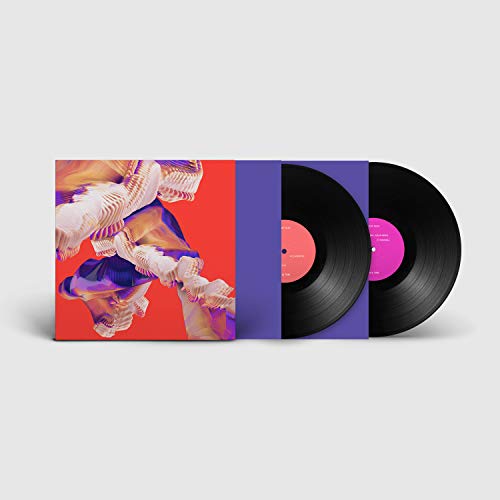Vinyl record album cover with abstract design, red and purple, and two black vinyl records.