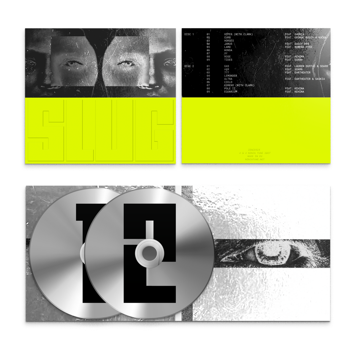 CD packaging for Bicep’s “Slug” album, featuring faces and neon text.