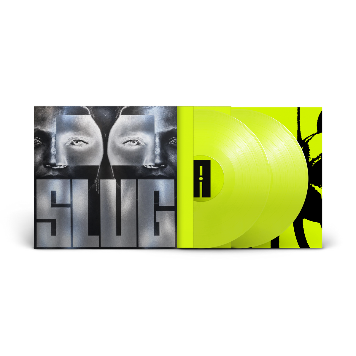 Bicep’s “Slug” double vinyl LP, lime green discs, face portrait cover.