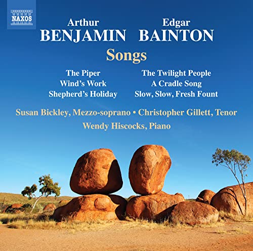 CD cover with red rock formations under a blue sky, featuring composers' names.