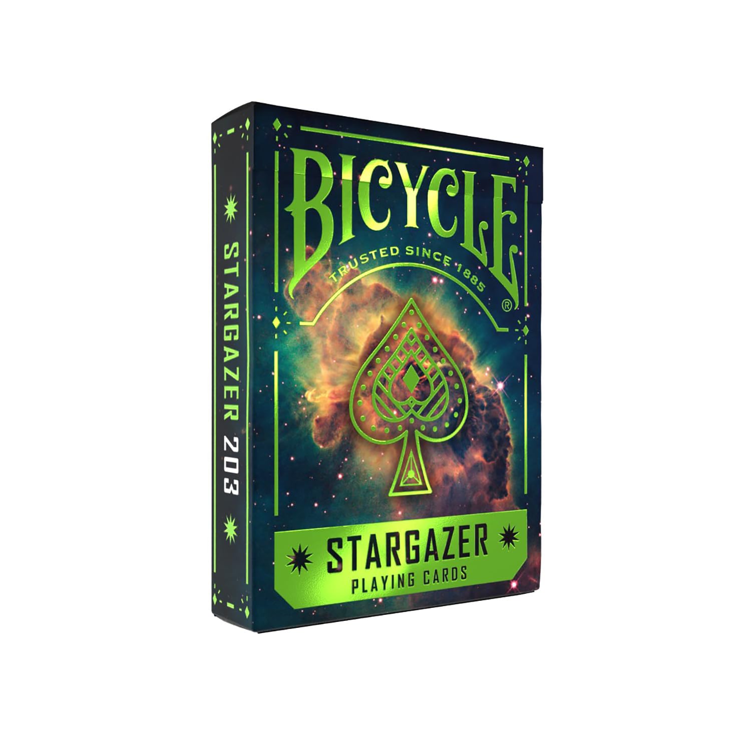 Bicycle Stargazer 203 playing cards box with a space nebula design.