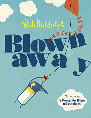 Book cover: penguin lifted by a red kite against a blue sky.
