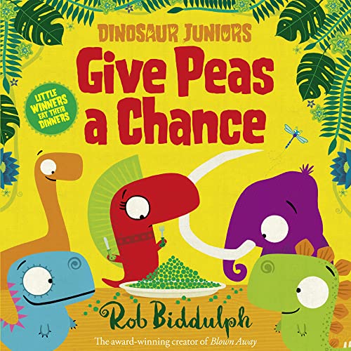 Colorful cartoon dinosaurs with peas, book cover illustration.