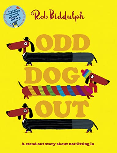 Yellow book cover with illustrated dachshunds stacked to spell “Odd Dog Out.”