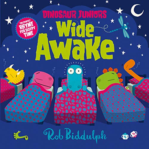 Book cover featuring cartoon dinosaurs in beds under a starry night sky.