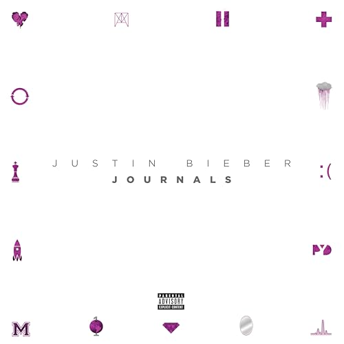 Justin Bieber’s “Journals” vinyl album cover with abstract purple symbols.