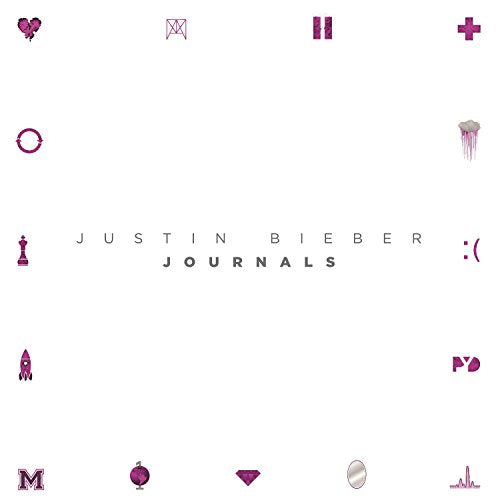 Justin Bieber’s “Journals” vinyl album cover with abstract purple symbols.