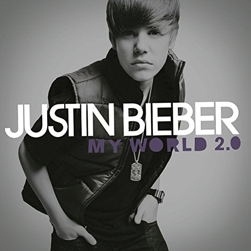 Black and white portrait of Justin Bieber, album cover for “My World 2.0”.