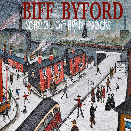 "Biff Byford's 'School of Hard Knocks' CD cover featuring a vintage industrial town illustration."
