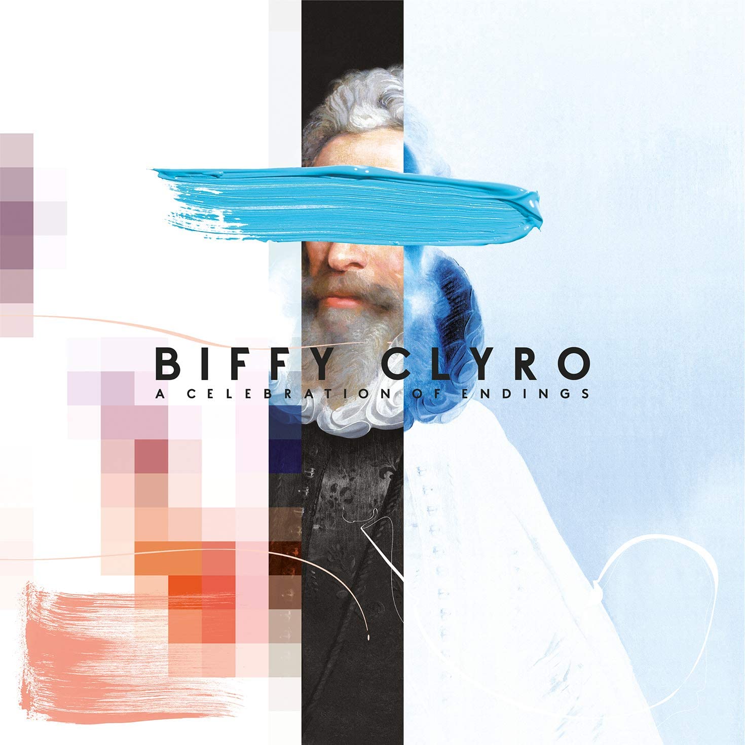Album cover for "Biffy Clyro - A Celebration Of Endings" with abstract, pixelated design and man's face.