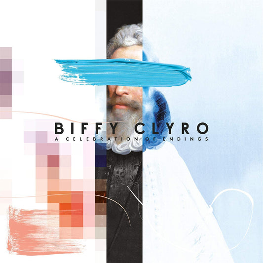 Album cover for "Biffy Clyro - A Celebration Of Endings" with abstract, pixelated design and man's face.