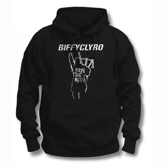 Black hoodie with white "BiffyClyro" text and hand-horn graphic.