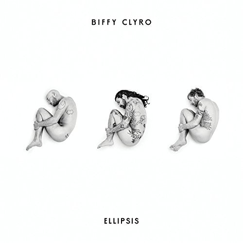 "B&W album cover with three nude figures crouched, titled 'Biffy Clyro - Ellipsis'."