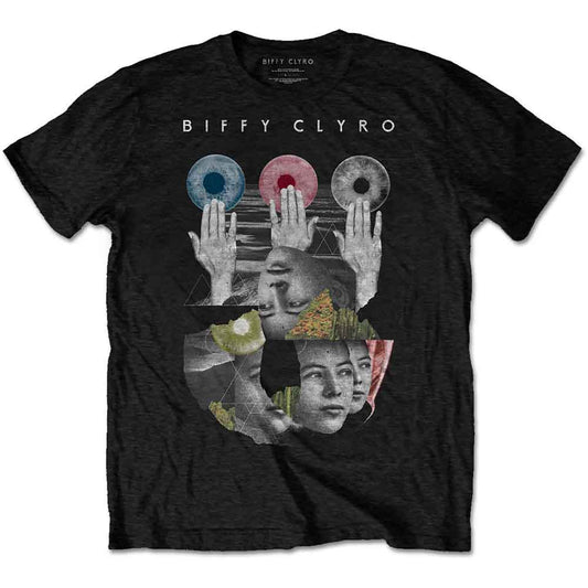 A man wearing a black Biffy Clyro t-shirt with a graphic of hands and faces.