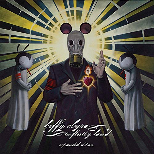 Vinyl cover art featuring a gas-masked figure flanked by two small, cartoonish characters.