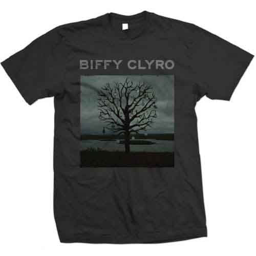 A man wearing a black Biffy Clyro t-shirt featuring a tree with hanging chandeliers.