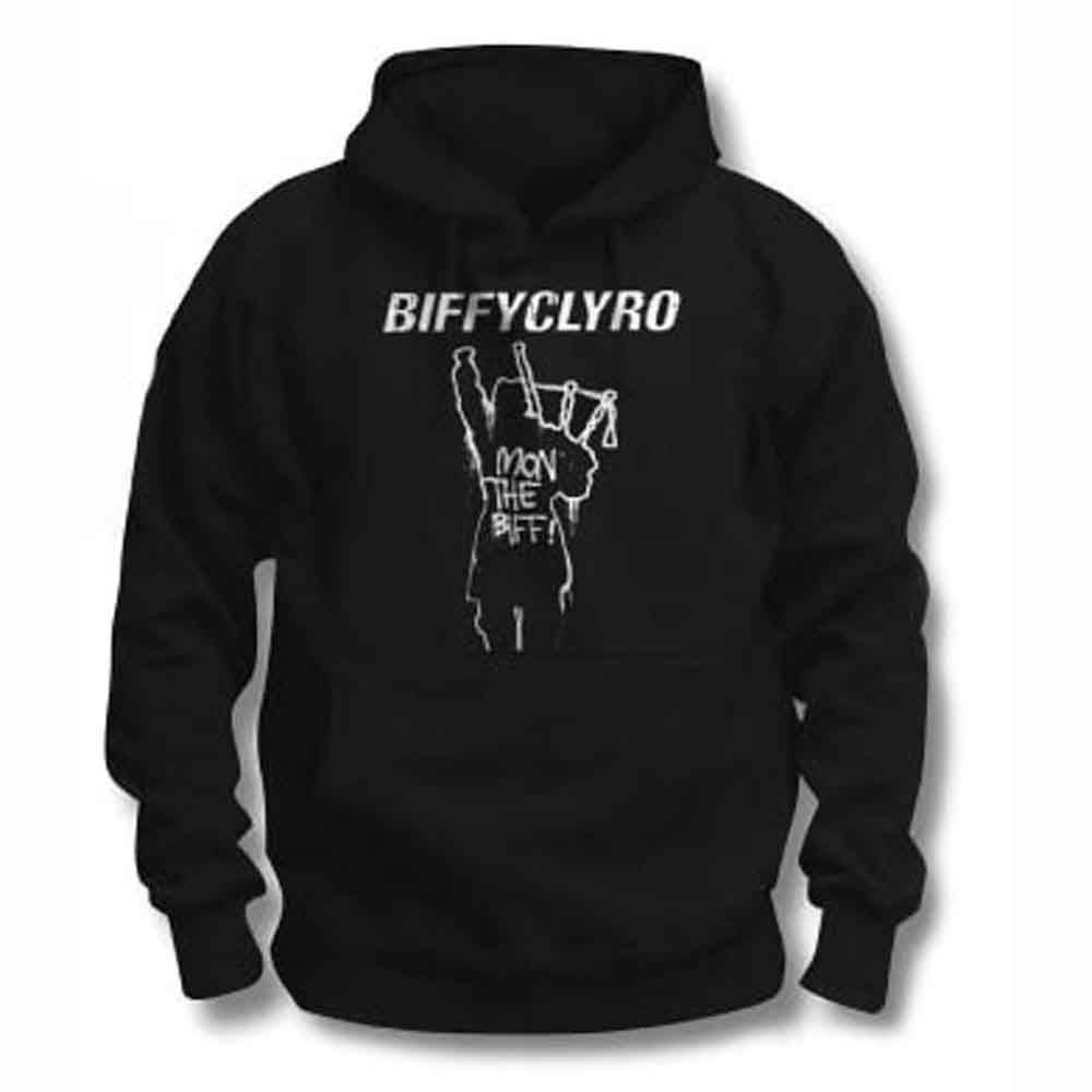 Black hoodie with white "BiffyClyro" text and hand-horn graphic.