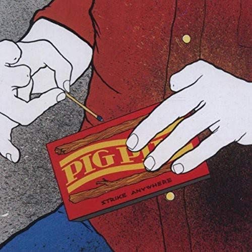 Red and gray illustration of hands with matches and a "Pig Pile" box.