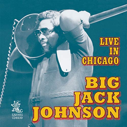Big Jack Johnson wearing sunglasses with a guitar over his shoulder on teal background.