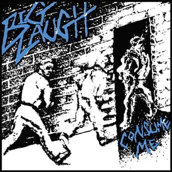 Black and white album cover with figures near a brick wall.