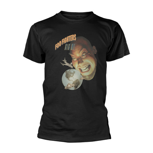 Black t-shirt with a graphic of a man, planes, and a globe.
