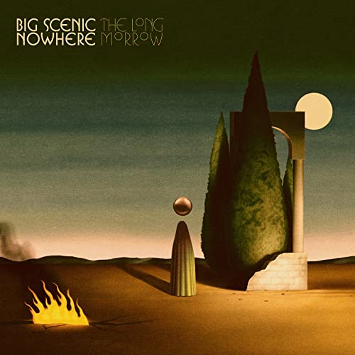 Album cover: surreal landscape with cypress trees, a moon, and flames.