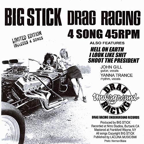 Black and white cover art for Big Stick's Drag Racing featuring a dragster car.