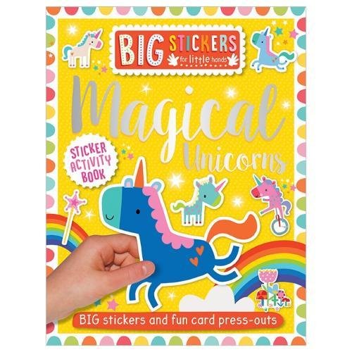 Yellow sticker book cover with colorful unicorns and a child’s hand.