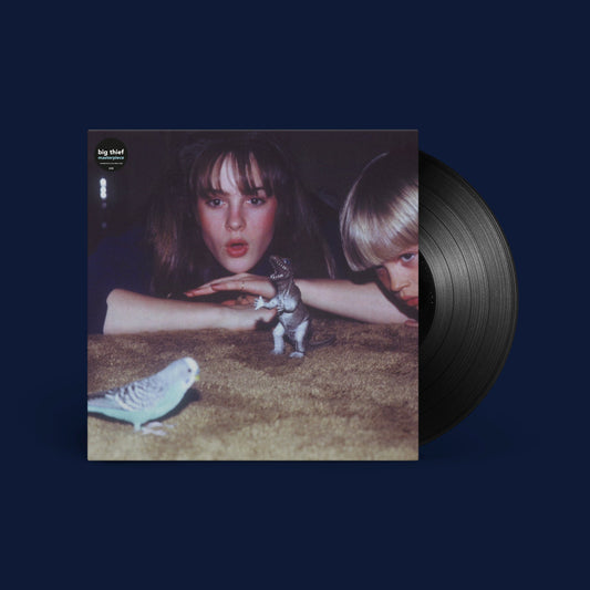 Vinyl record cover featuring two people with a toy dinosaur and bird.