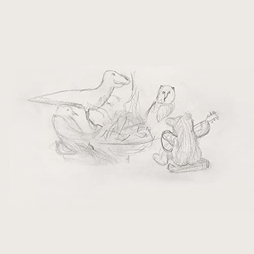 Sketch of a dinosaur, bird, and bear-like figure around a campfire.