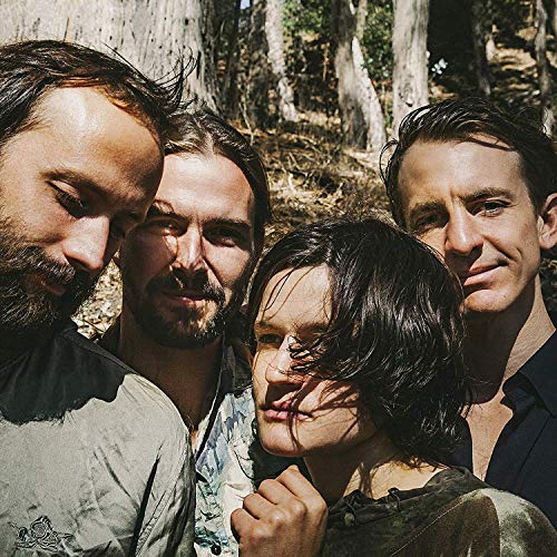 Big Thief band portrait, four people amongst trees, soft lighting.