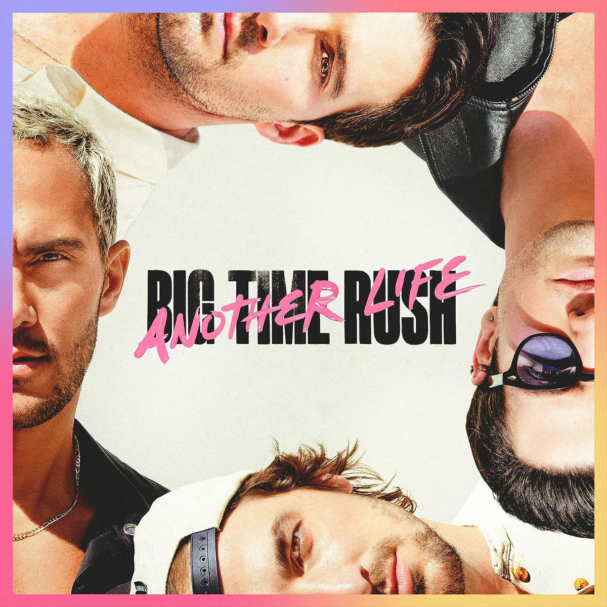 "CD cover with four men looking down, surrounded by a pastel-colored border."