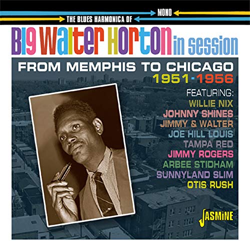 "CD cover featuring a man holding a harmonica, with multicolored text and cityscape background."